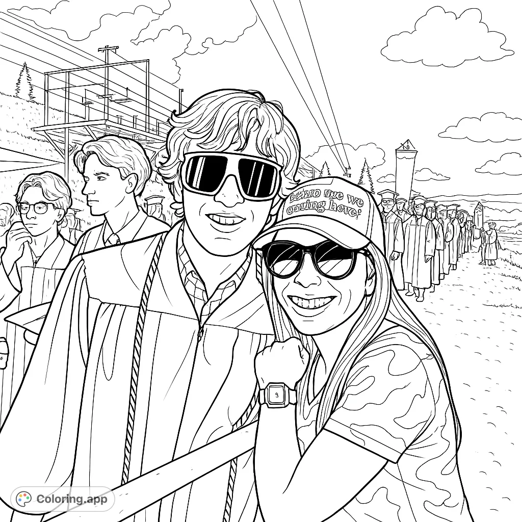 Celebrate a special graduation moment with this heartwarming coloring page. Features a graduate and a loved one, perfect for commemorating achievements.