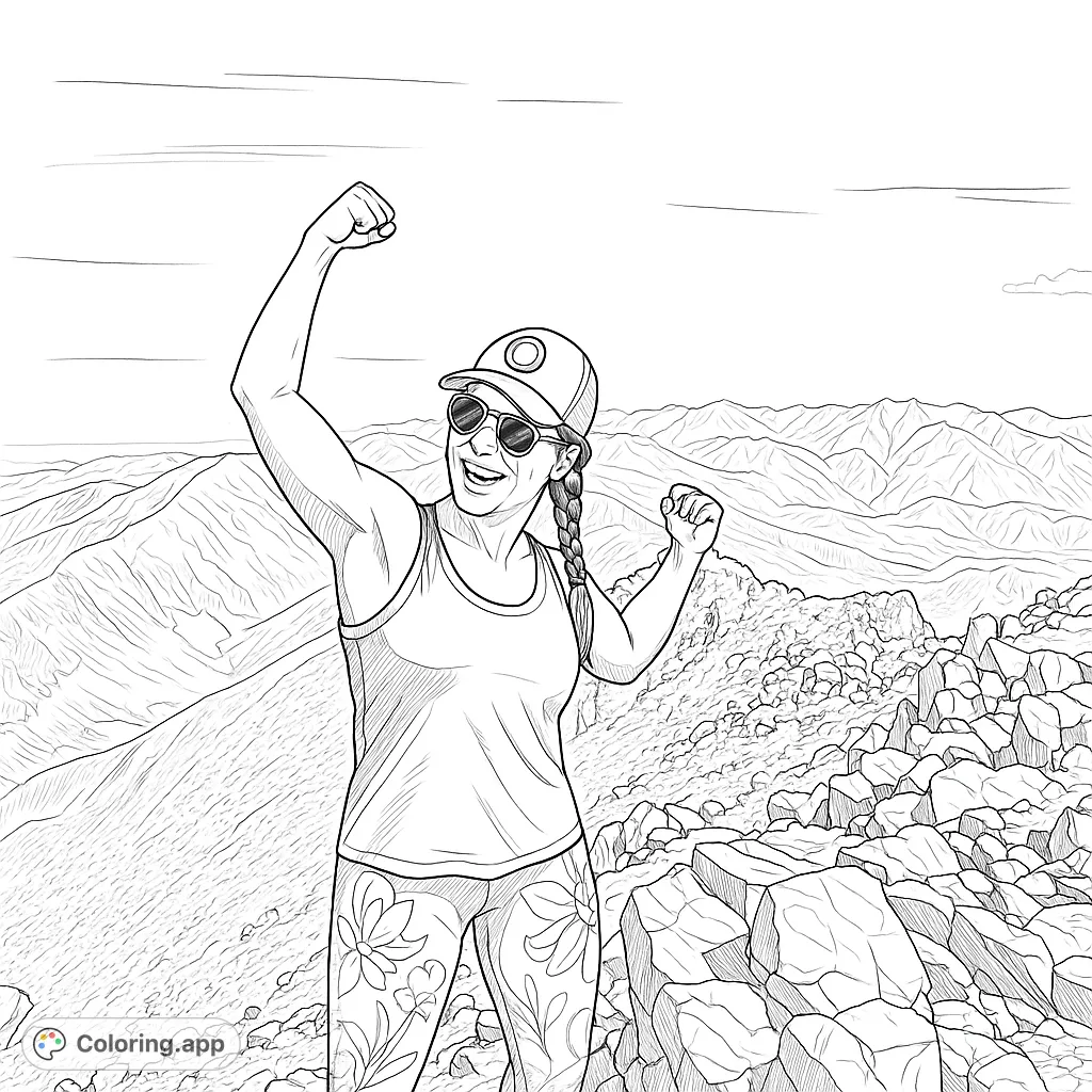 Celebrate achievement with this inspiring mountain summit coloring page. A triumphant figure stands atop a rocky peak, surrounded by vast landscapes.