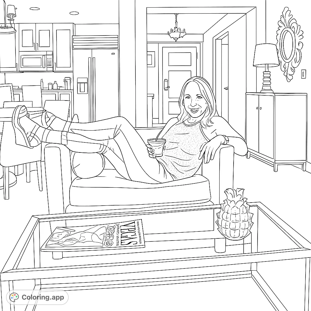 A woman relaxes on a sofa in a modern interior, surrounded by detailed furniture and kitchen elements, perfect for a sophisticated coloring experience.