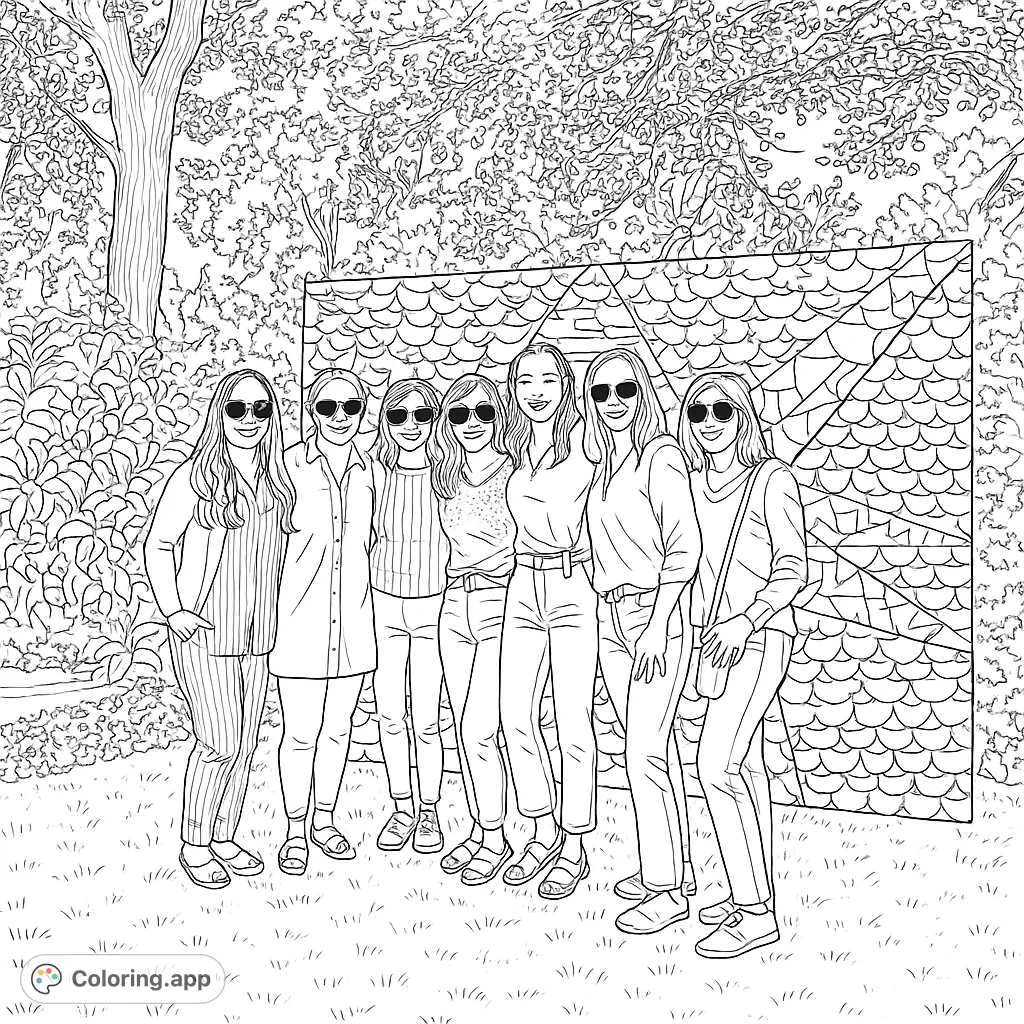 A group of seven women posing outdoors in front of a unique, textured art installation. Perfect for creative expression and detailed coloring.