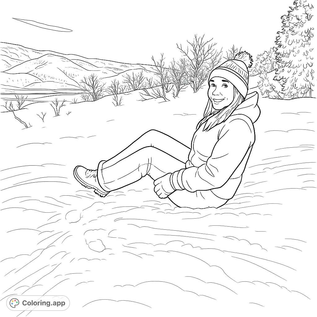 Enjoy a winter scene featuring a person sitting on a snowy hill, surrounded by distant mountains and trees. A perfect winter wonderland coloring page.