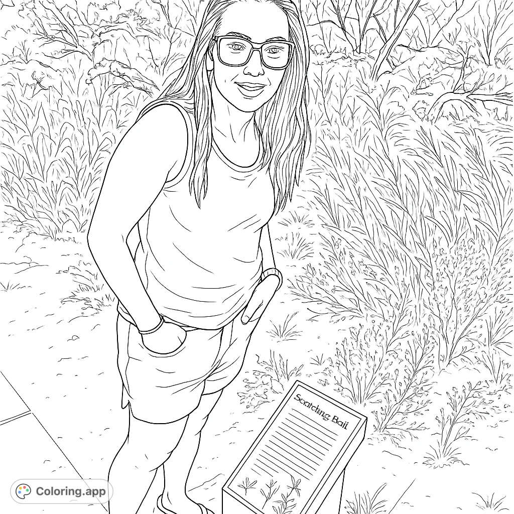 Discover a serene nature trail featuring a woman with sunglasses and an informational sign, set against a backdrop of lush foliage and rocky hills.