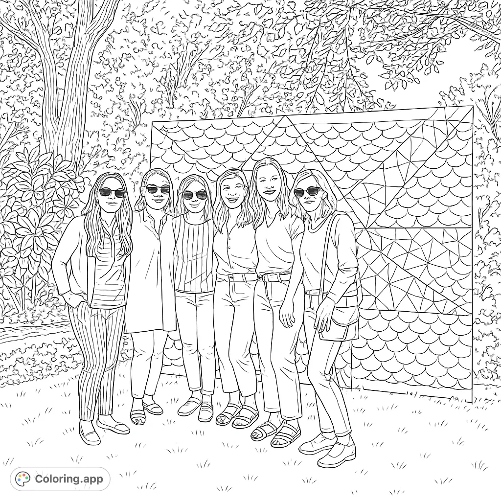Color a vibrant scene featuring seven women posing happily in front of a unique, textured mural, surrounded by lush outdoor foliage.