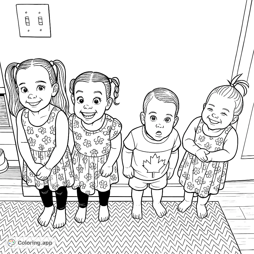 A delightful group of four smiling children, including a baby, standing in a line, ready for a fun coloring adventure. Perfect for all ages!