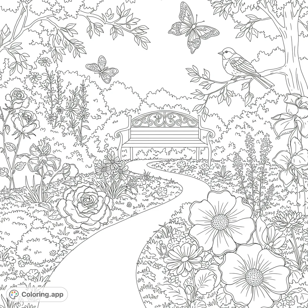Discover a peaceful garden with blooming flowers, fluttering butterflies, and a winding path. A delightful free printable coloring page.