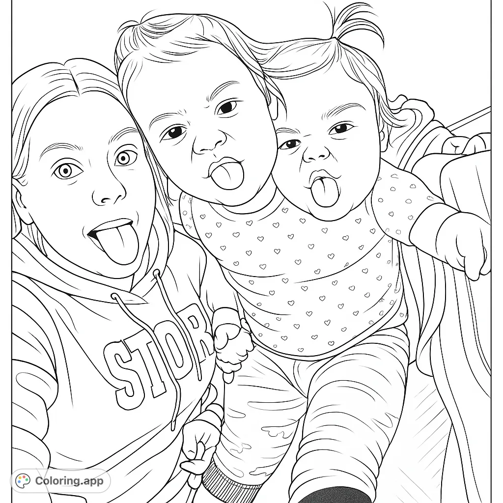 A fun coloring page featuring an adult and child making silly faces, perfect for a playful coloring session and family bonding.