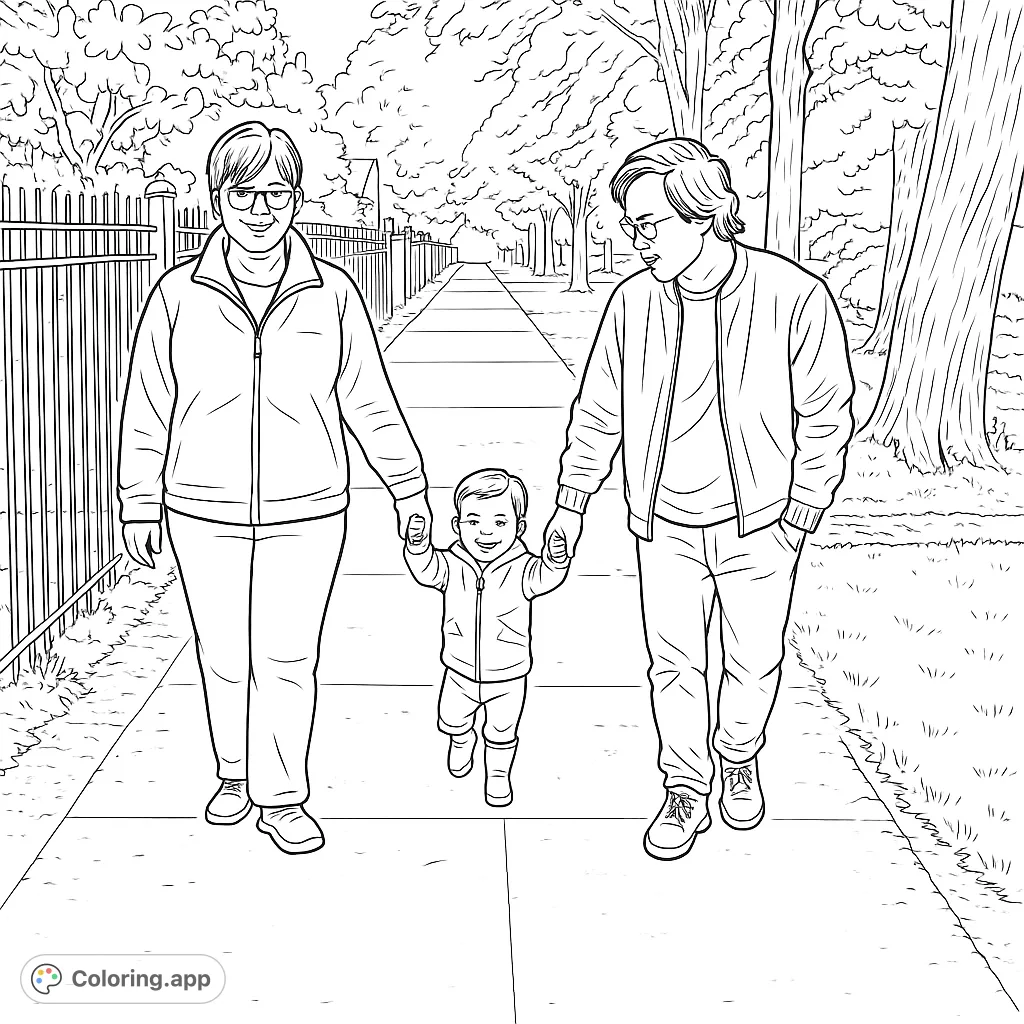 Capture a heartwarming family moment on a tree-lined sidewalk. Two adults and a toddler hold hands, enjoying a peaceful stroll. Perfect for all ages.