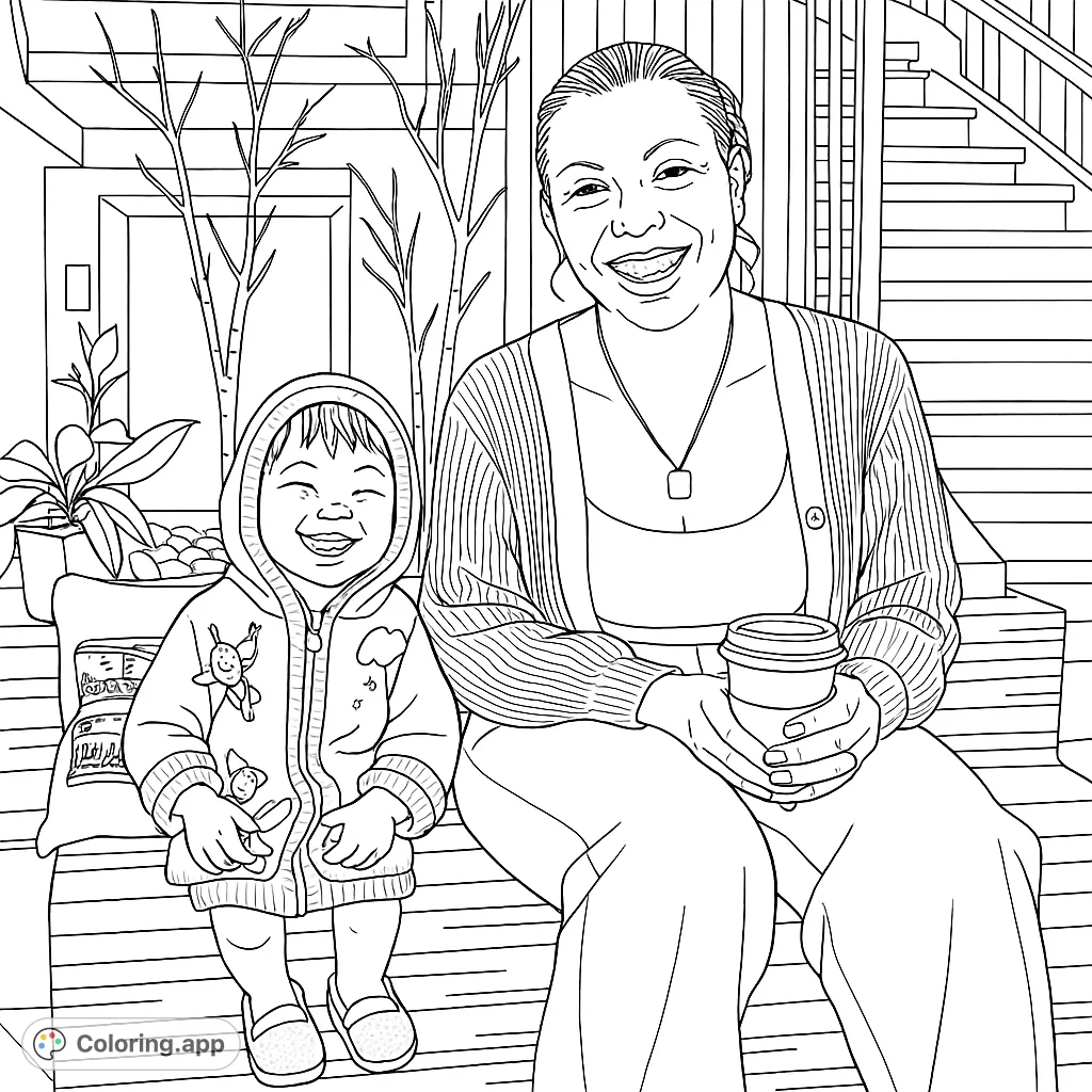 A heartwarming scene of an adult and child smiling together on wooden steps, perfect for a family-themed coloring page.