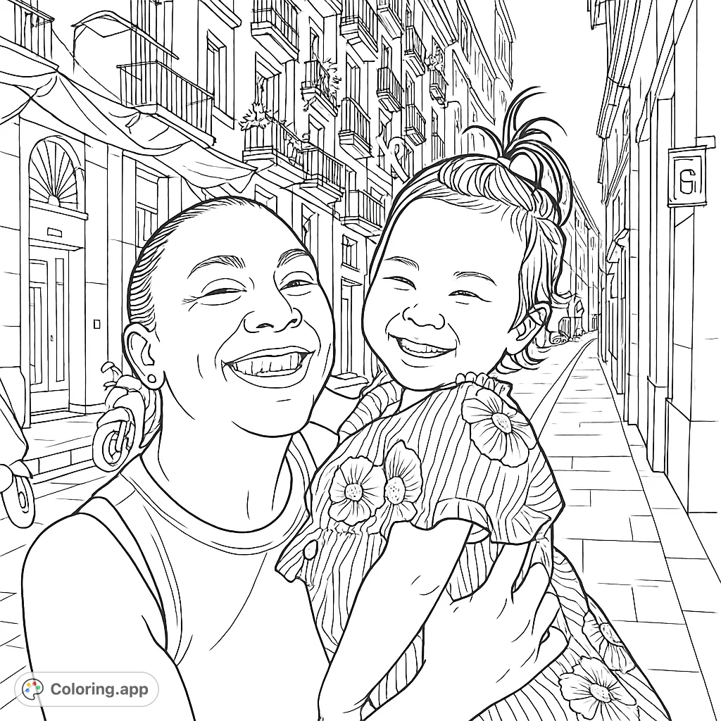 A heartwarming scene of a mother holding her smiling child on a bustling city street, perfect for a family-themed coloring page.