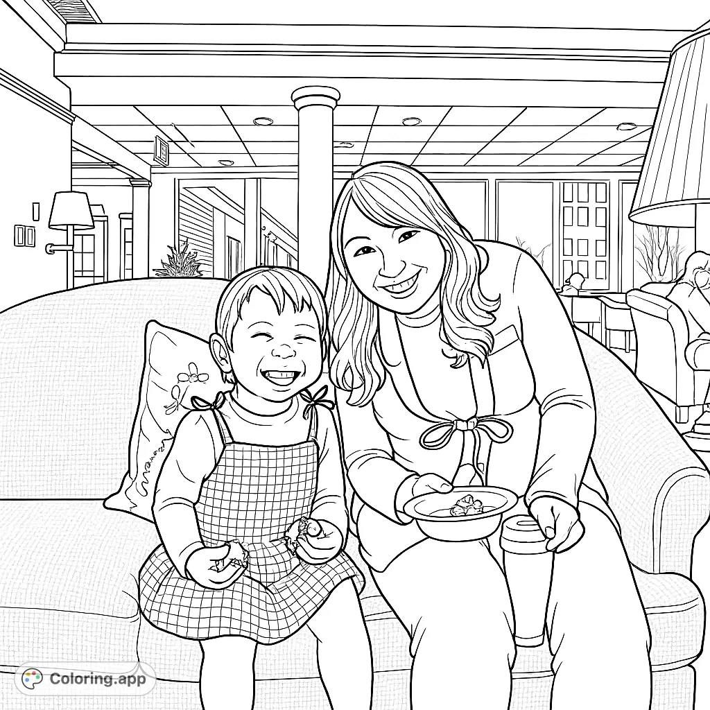 A heartwarming scene of a smiling woman and child relaxing on a comfortable couch. Perfect for a cozy coloring experience.