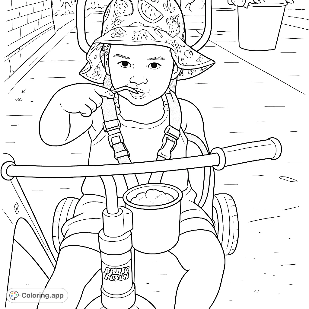 A delightful child on a tricycle enjoys a sweet treat, wearing a fun strawberry hat. Perfect for young colorists to bring to life with vibrant hues.