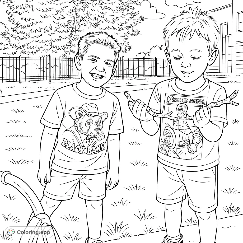 Two happy boys playing outdoors with a stick and tricycle. A fun scene for kids to color, featuring detailed characters and a natural setting.