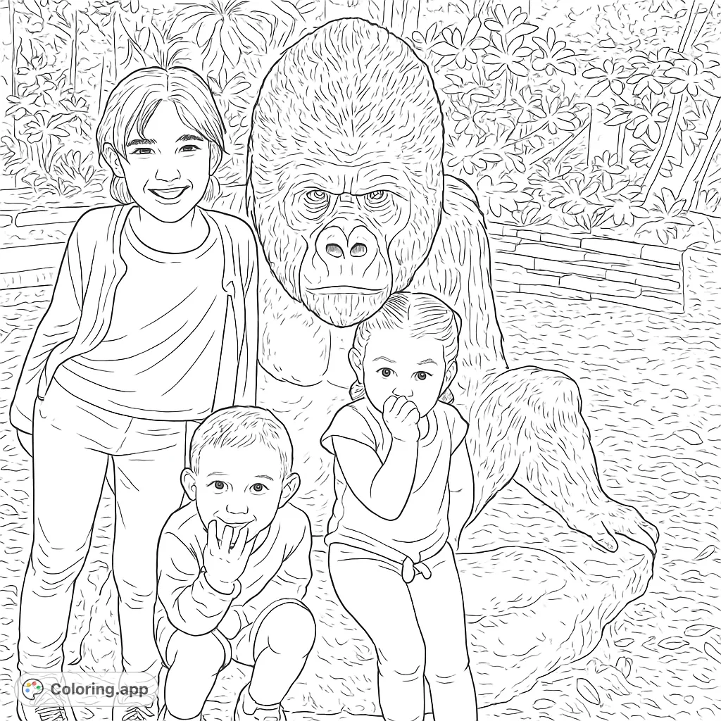 Explore a fun zoo scene with a majestic gorilla statue and three cheerful children. A delightful gorilla coloring page for kids and adults.