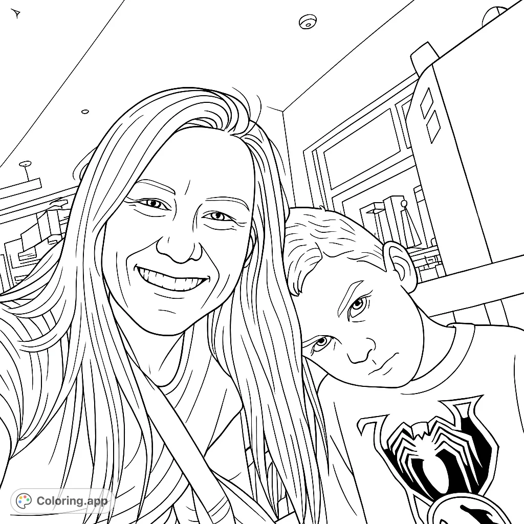A heartwarming mother and son moment, perfect for family bonding. Features a smiling woman and a boy leaning on her shoulder.