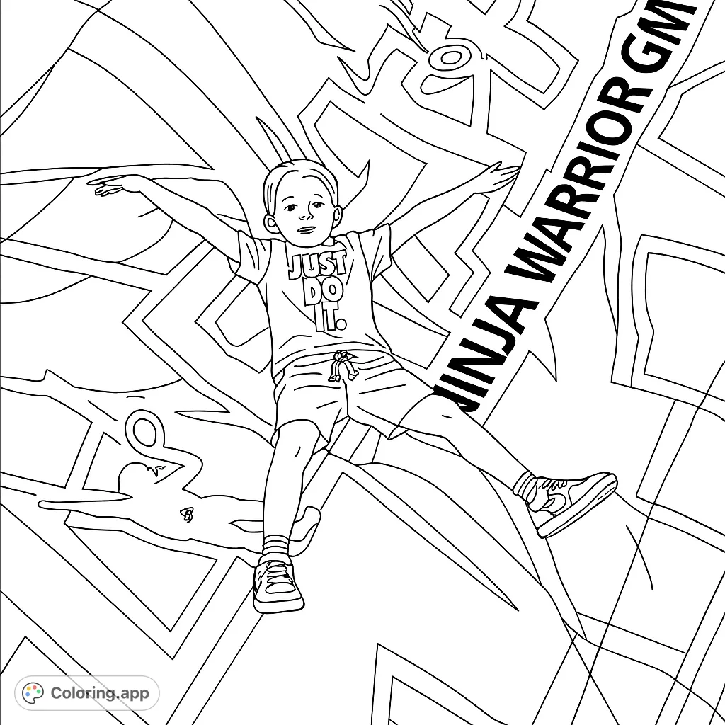 A dynamic ninja warrior gym coloring page featuring a child striking a triumphant pose on a patterned mat. Perfect for active kids!