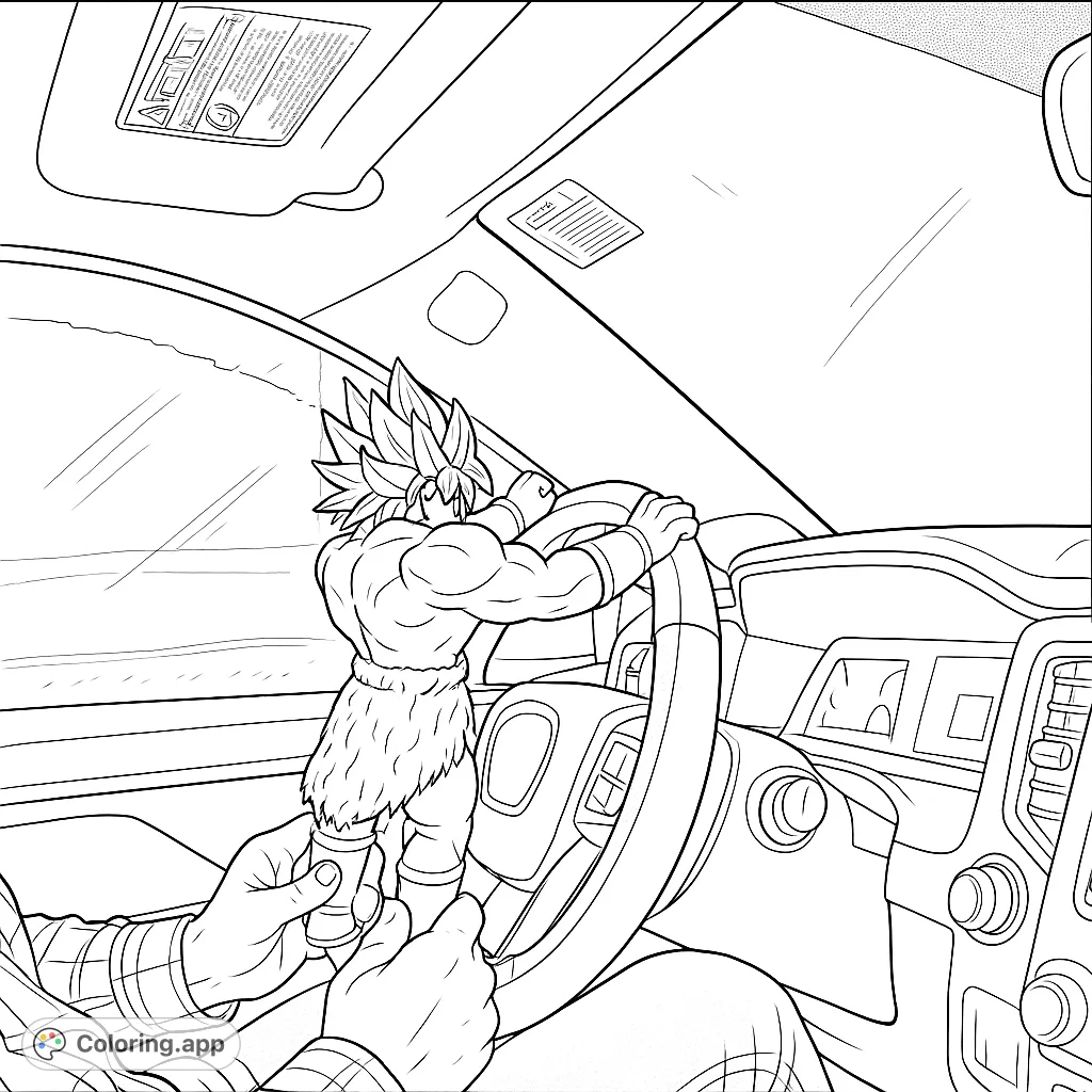 Color a dynamic anime-inspired character figure gripping a car's steering wheel, set against a detailed car interior and open landscape. Perfect for fans!