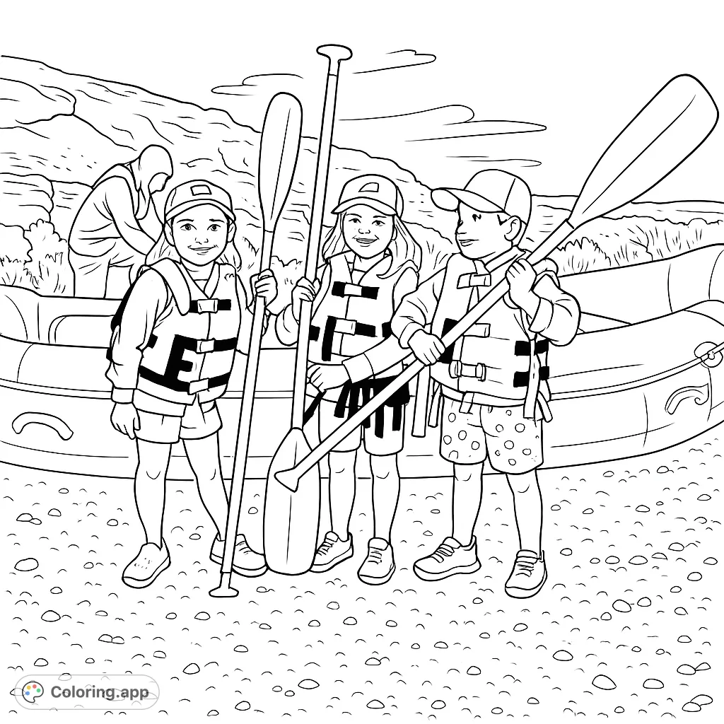 Three excited children in life vests, holding paddles, ready for a river rafting adventure. A fun outdoor scene for all ages.