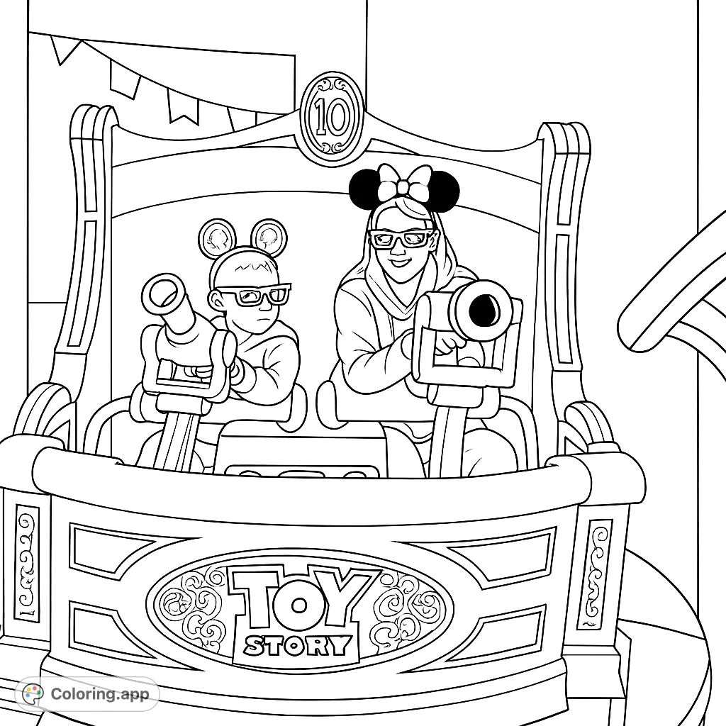Join a fun theme park adventure! A woman and child enjoy a ride, complete with novelty glasses and interactive controls. Perfect for fans of animated toy stories.