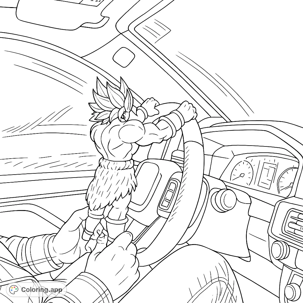 Color a powerful anime warrior gripping a car's steering wheel, ready for adventure. A dynamic scene for fans of action and fantasy.