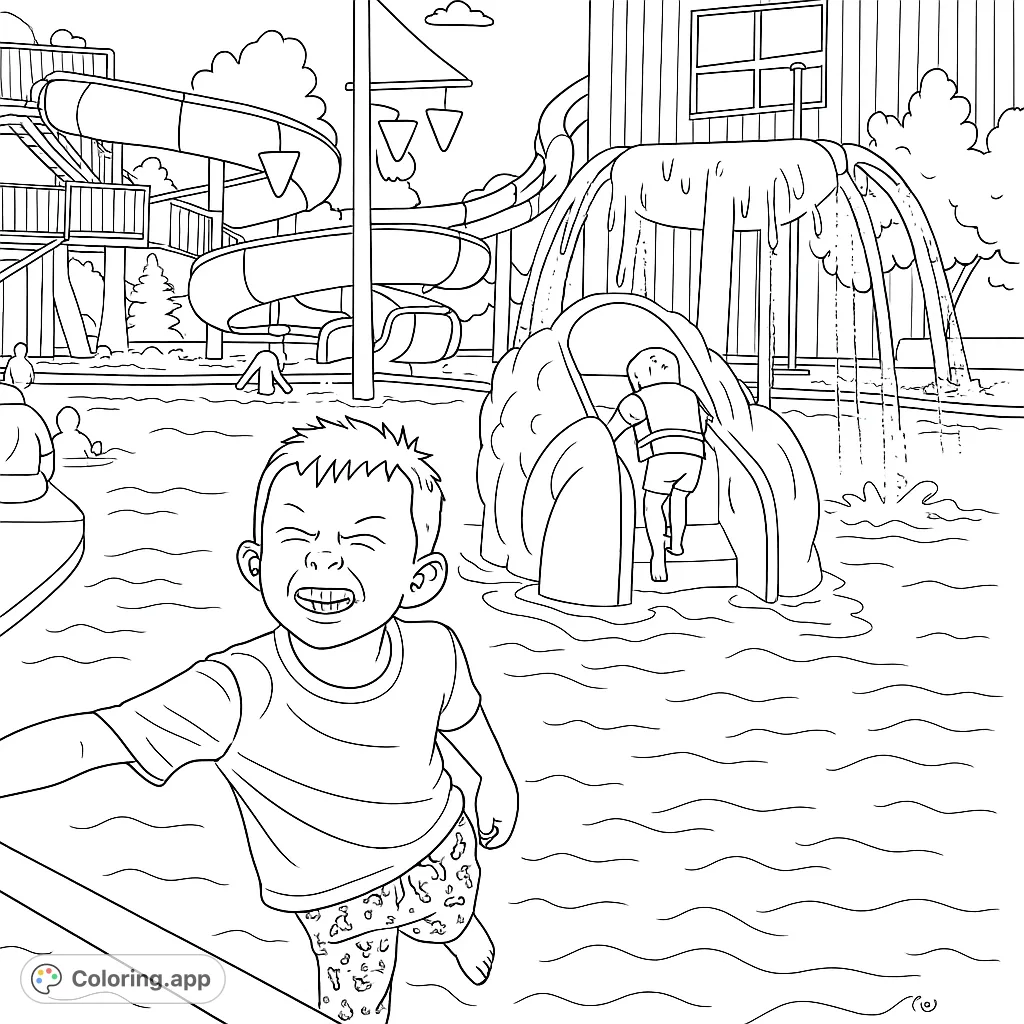 Dive into fun with this water park coloring page featuring a happy child, thrilling slides, and splashing water. Perfect for summer adventures!