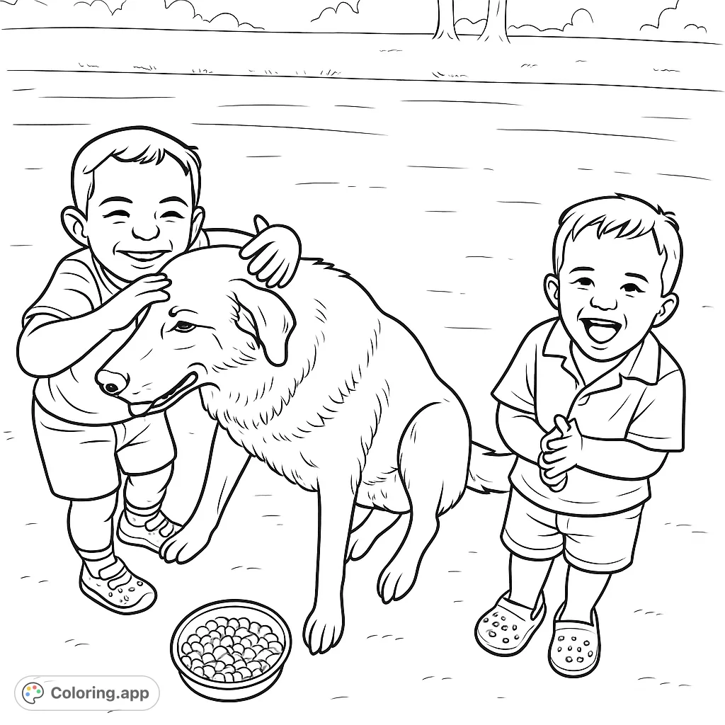 Two happy boys share a moment with their large, friendly dog. A heartwarming scene perfect for a fun coloring activity.