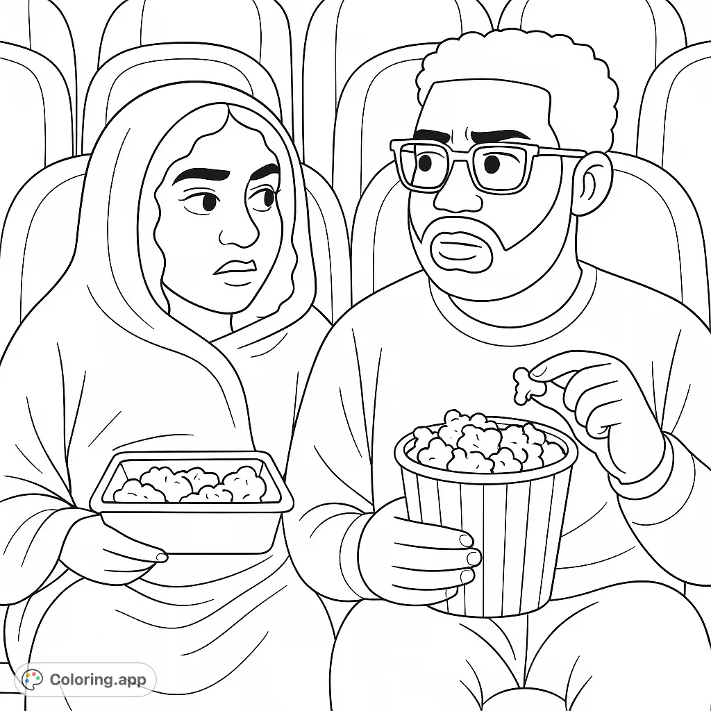 A couple at the cinema, engrossed in a film, holding snacks. Perfect for a relaxing movie-themed coloring page.