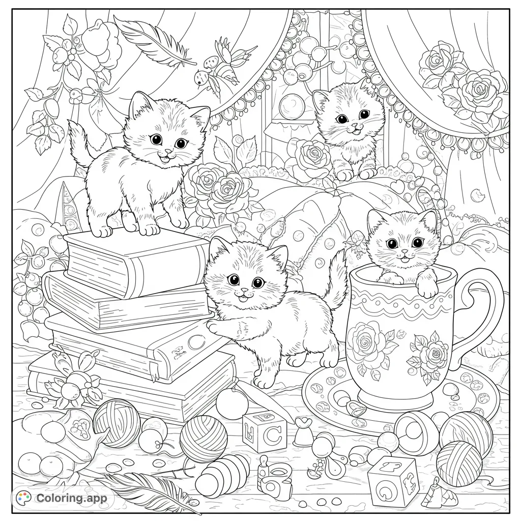 Discover a delightful scene of whimsical kittens playing among oversized objects and blossoms. A charming free printable for young artists.