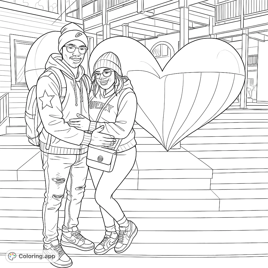 Capture a loving couple embracing in front of a large heart sculpture. A romantic and engaging scene perfect for expressing affection through art.