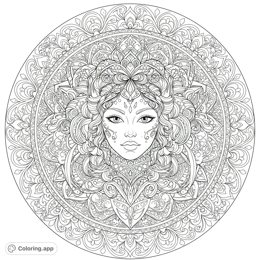 Discover an elegant Afrocentric mandala coloring page featuring a beautiful woman surrounded by intricate patterns. A free printable for mindful coloring.