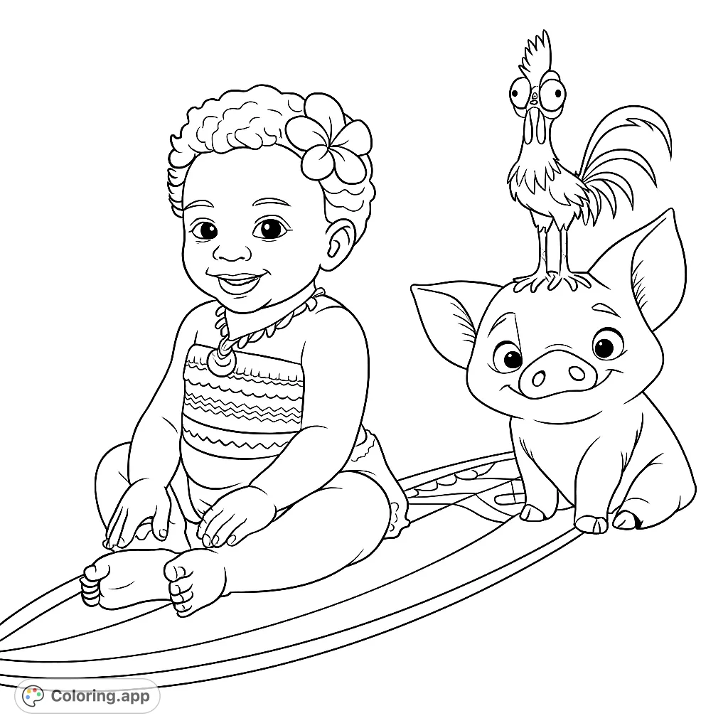 A joyful baby on a surfboard with a friendly pig and a quirky rooster, ready for a fun adventure. Perfect for young colorists.