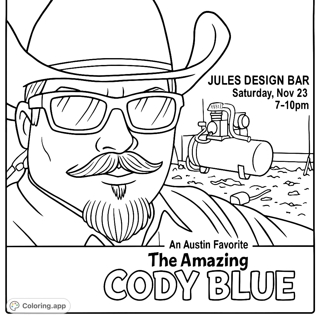 Color a cool man in a cowboy hat and sunglasses, featuring a distinctive mustache and goatee. Perfect for a fun, cartoony coloring experience.