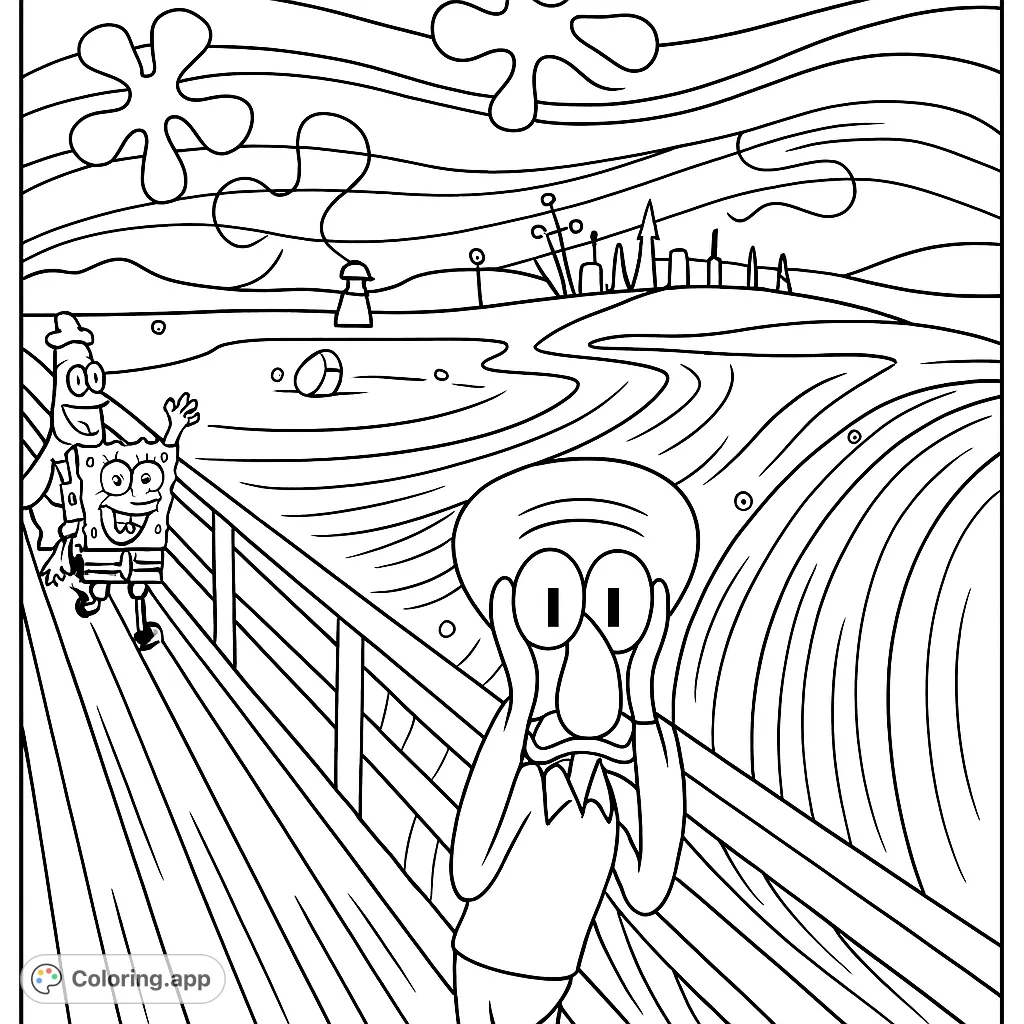A humorous parody of a famous artwork featuring a beloved cartoon character in a dramatic pose on a bridge with swirling skies and distant friends.