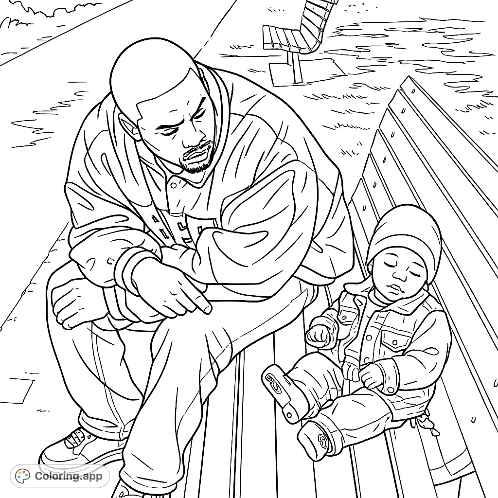 Capture a tender moment on a park bench with an adult and a sleeping baby. A heartwarming scene perfect for quiet reflection and creative coloring.