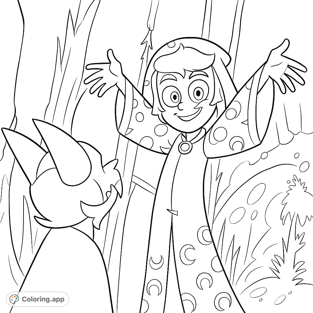 A whimsical hooded character with a unique face pattern and outstretched arms, accompanied by a horned companion, ready for a magical coloring adventure.