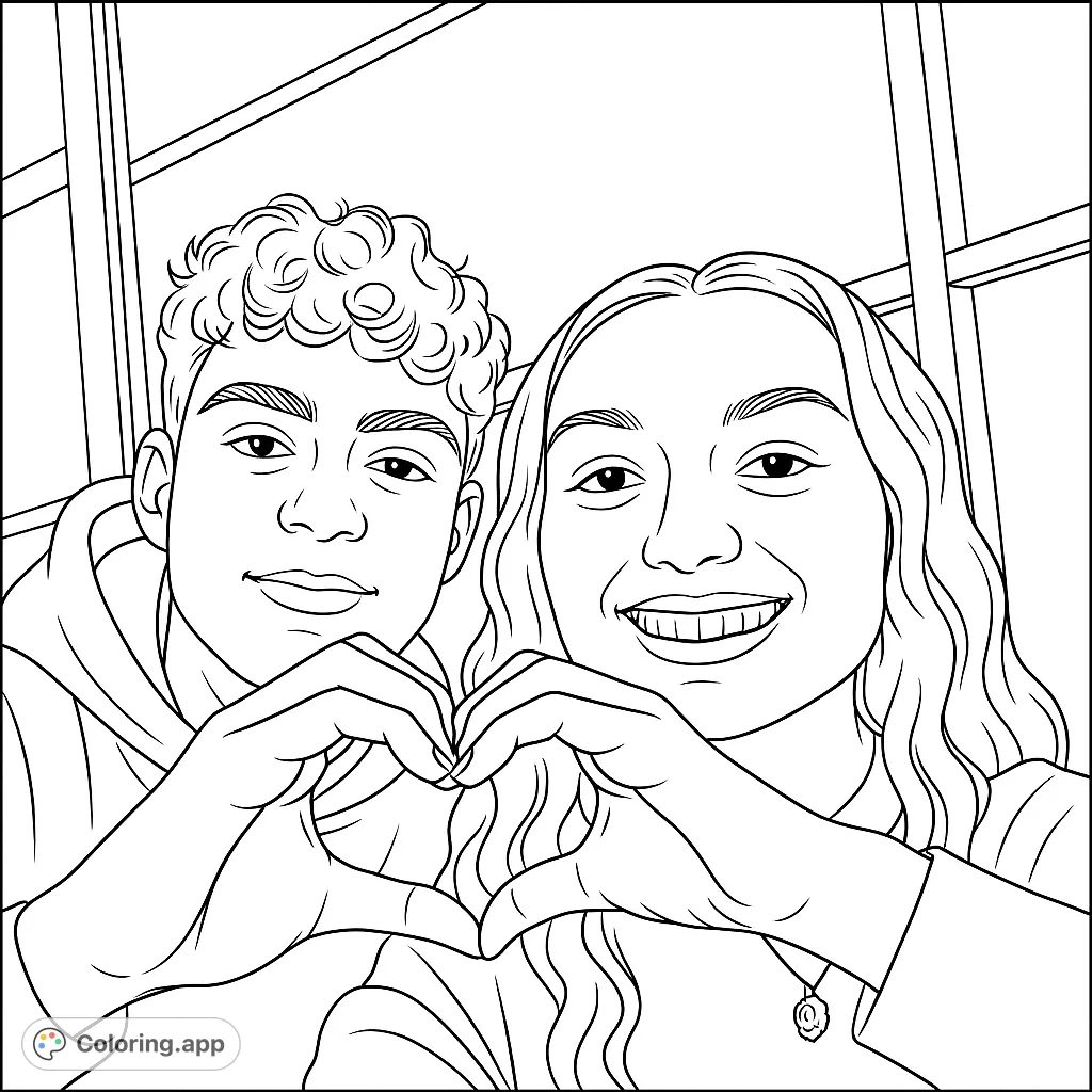 Capture a heartwarming moment with this free printable couple's heart hands coloring page. Perfect for expressing affection and creativity.