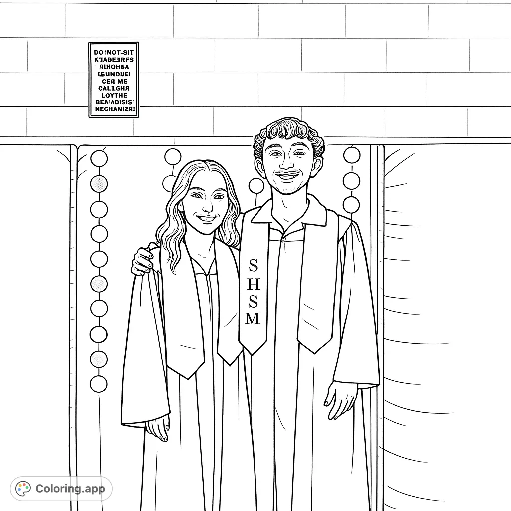 Celebrate academic achievement with this graduation coloring page. Features two smiling graduates in gowns and stoles, ready for their future.
