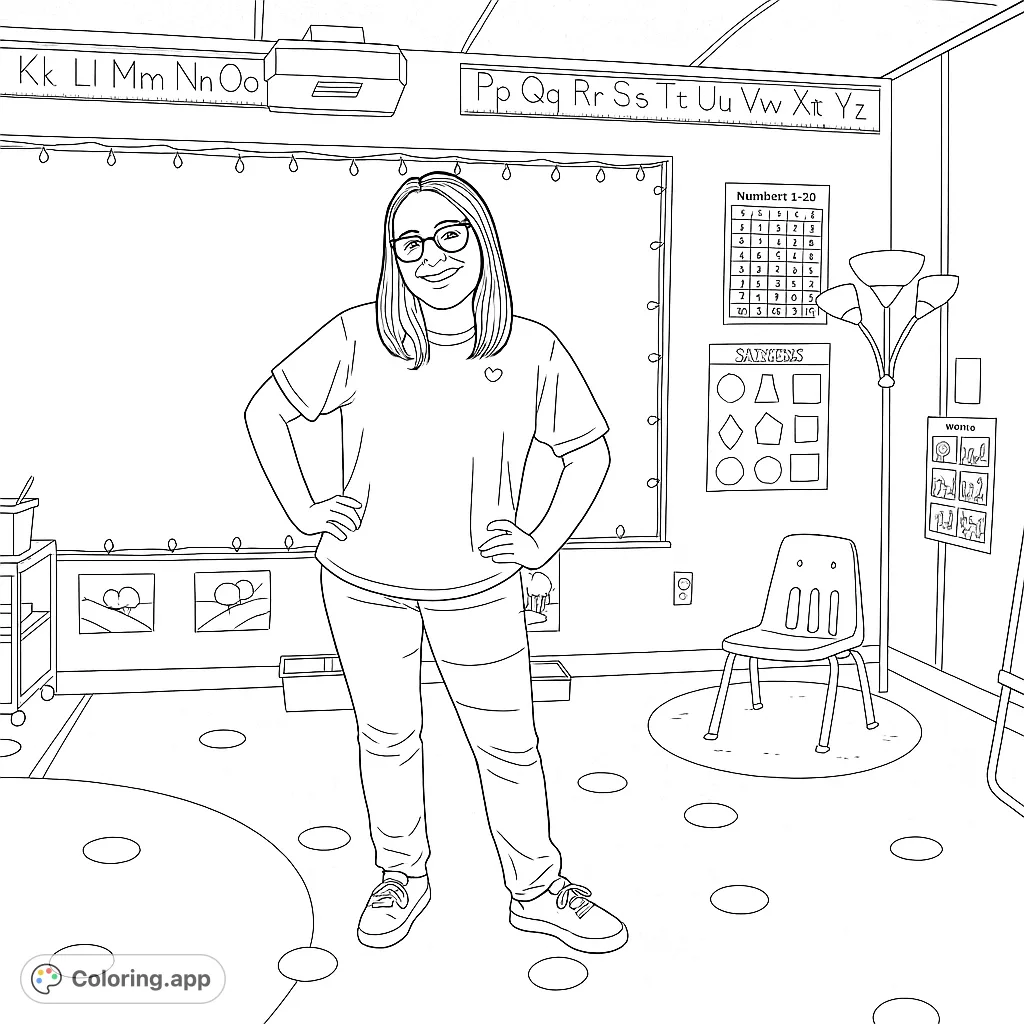 A cheerful teacher stands in her inviting classroom, surrounded by educational charts and cozy decor, ready for a day of learning and fun.
