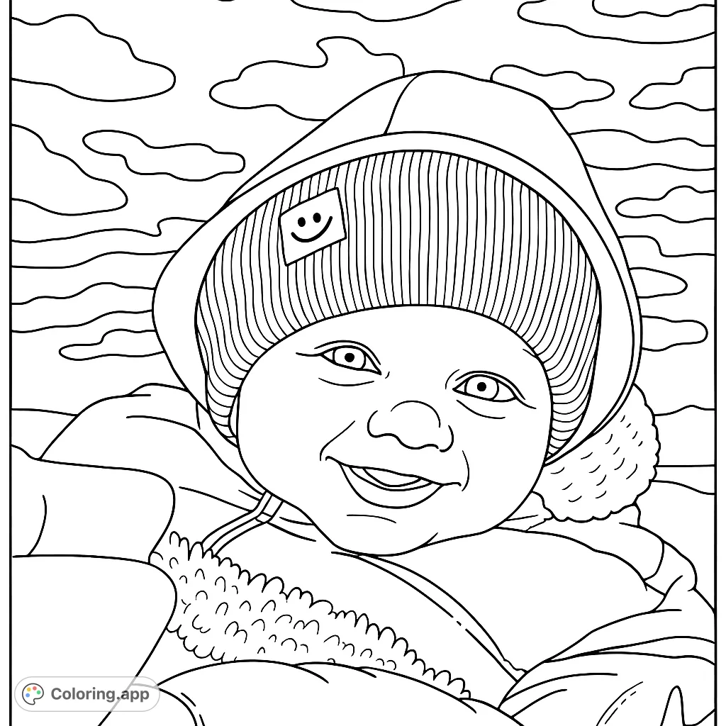 A delightful happy baby coloring page, perfect for all ages. Features a smiling infant in cozy winter wear, ready for your creative touch.