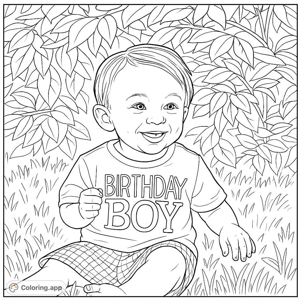 An adorable baby boy celebrates his birthday, sitting happily outdoors with a cheerful smile, wearing a special 'BIRTHDAY BOY' shirt.