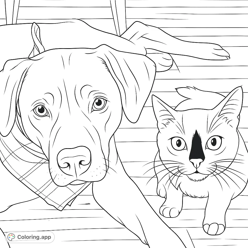 A heartwarming dog and cat friends coloring page, perfect for pet lovers. Features a loyal dog and a curious cat, ready for your creative touch.