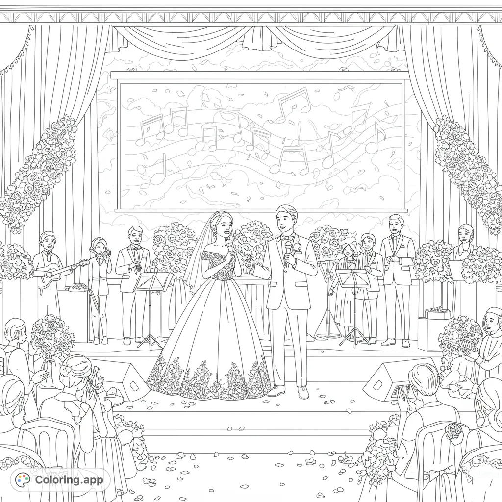 A joyful wedding karaoke scene featuring a singing bride and groom on stage, surrounded by festive details and cheering guests.