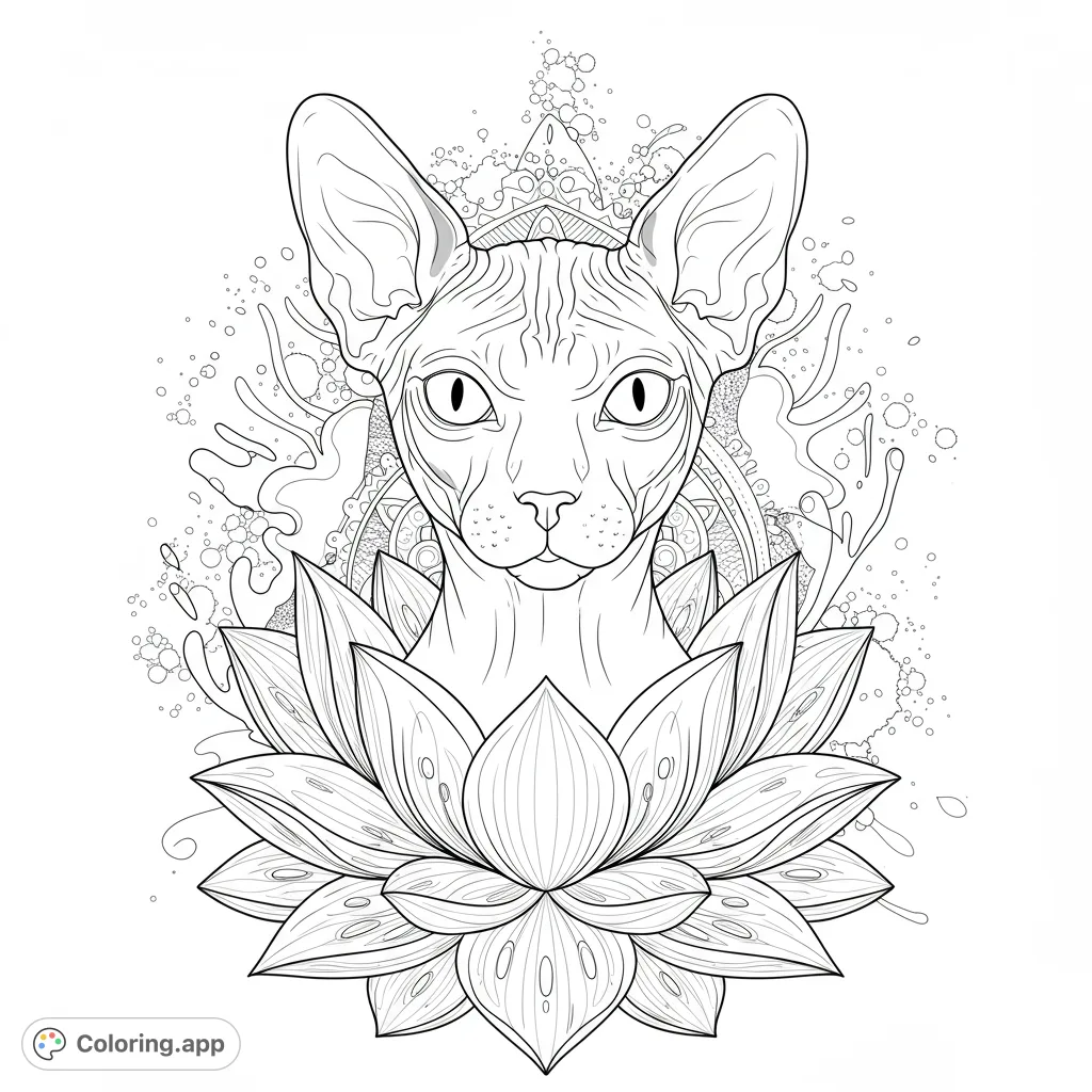 A unique Sphynx cat emerges from a detailed lotus flower, surrounded by abstract splatters and stippling. A captivating design for creative colorists.
