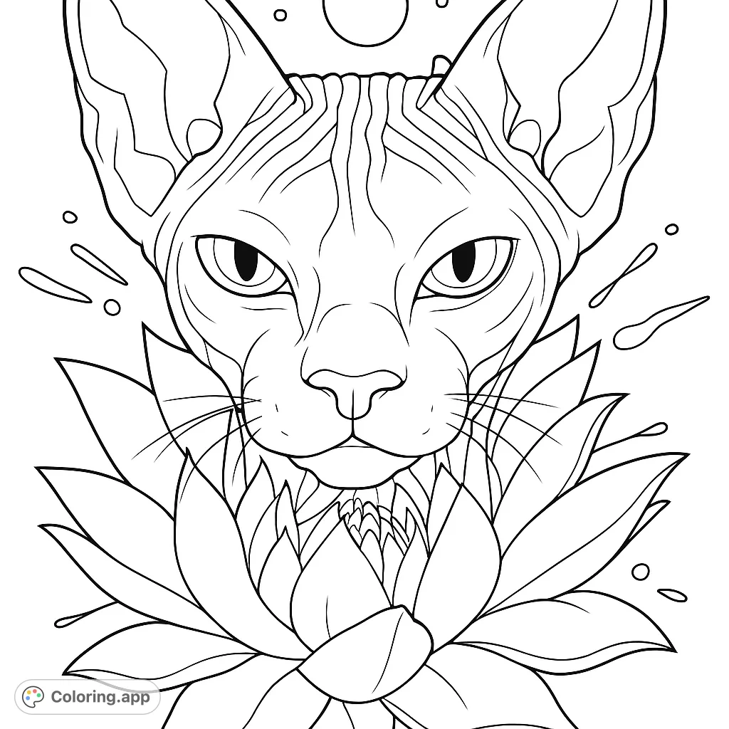 A striking Sphynx cat emerges from a detailed lotus flower, surrounded by abstract elements, perfect for mindful coloring.