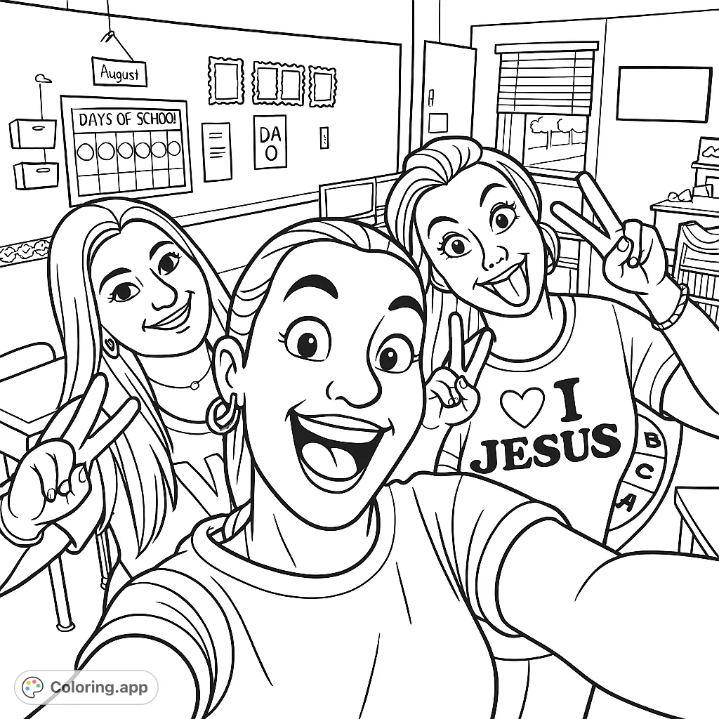A fun classroom selfie featuring three smiling women, surrounded by school decorations. Perfect for a cartoony style with bold outlines.