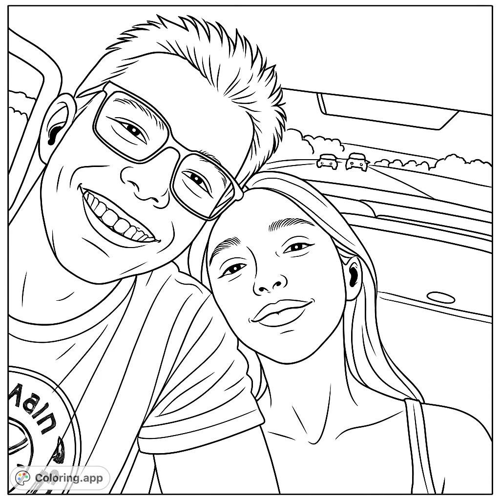 Capture a heartwarming moment of two individuals on a road trip. Perfect for expressing connection and shared adventures in a free printable coloring page.