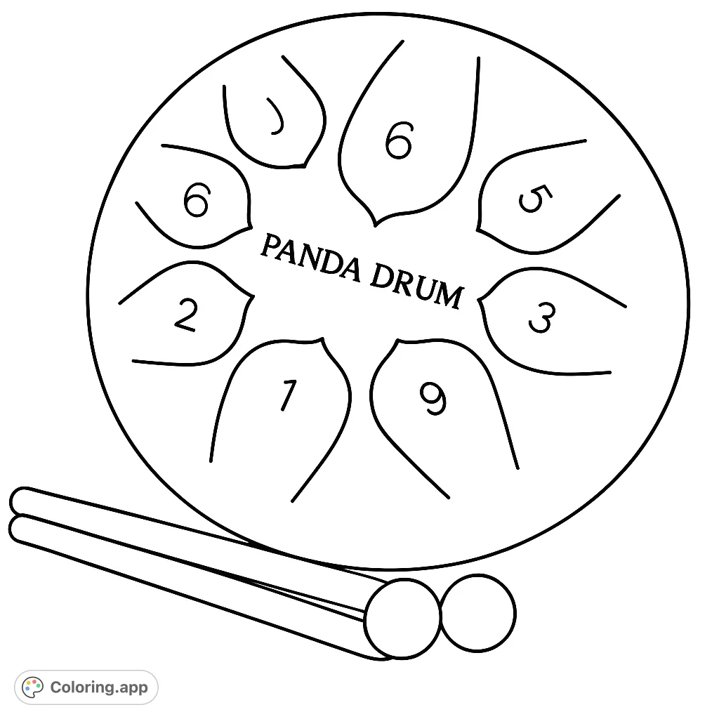 Explore a unique tongue drum with mallets, featuring intricate tone cuts and a central design. A calming musical instrument coloring page.