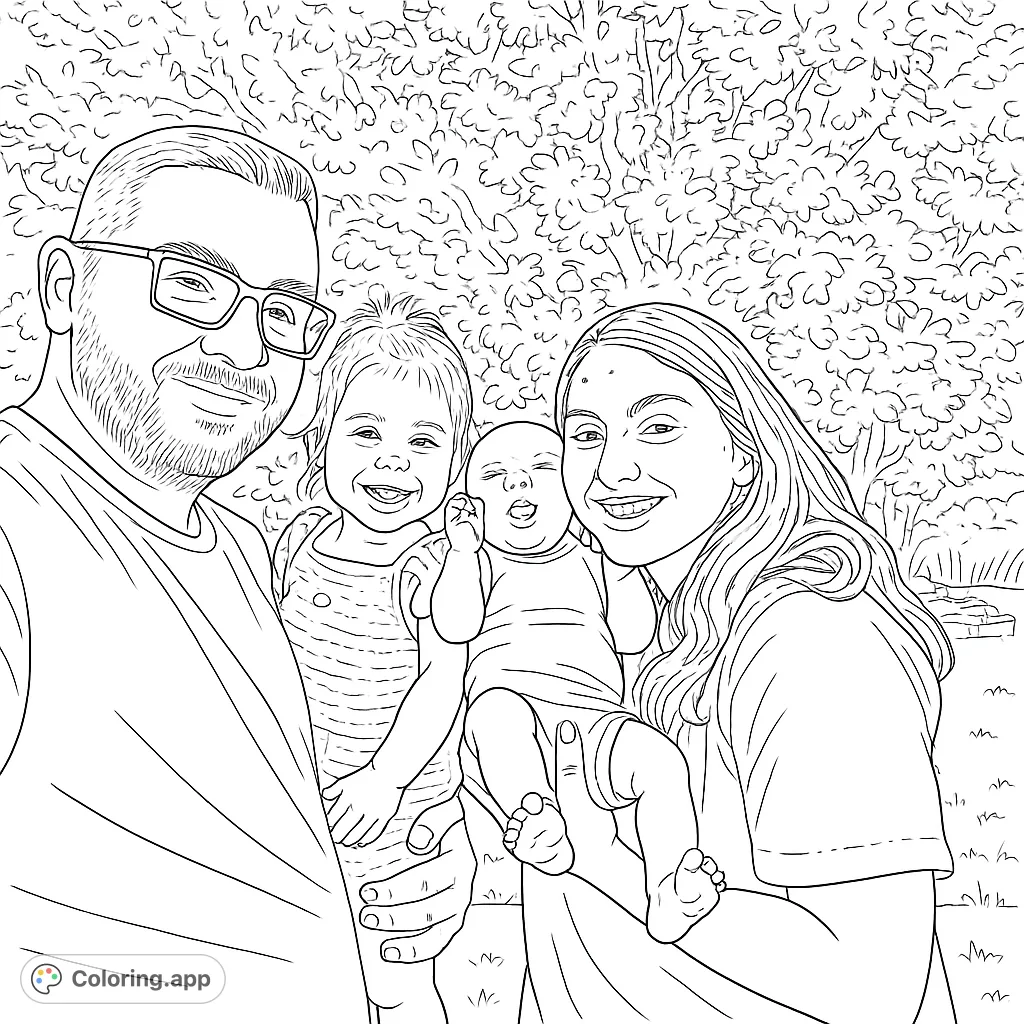 Capture a heartwarming family moment with this happy family outdoor portrait coloring page. Features parents, a toddler, and an infant smiling.