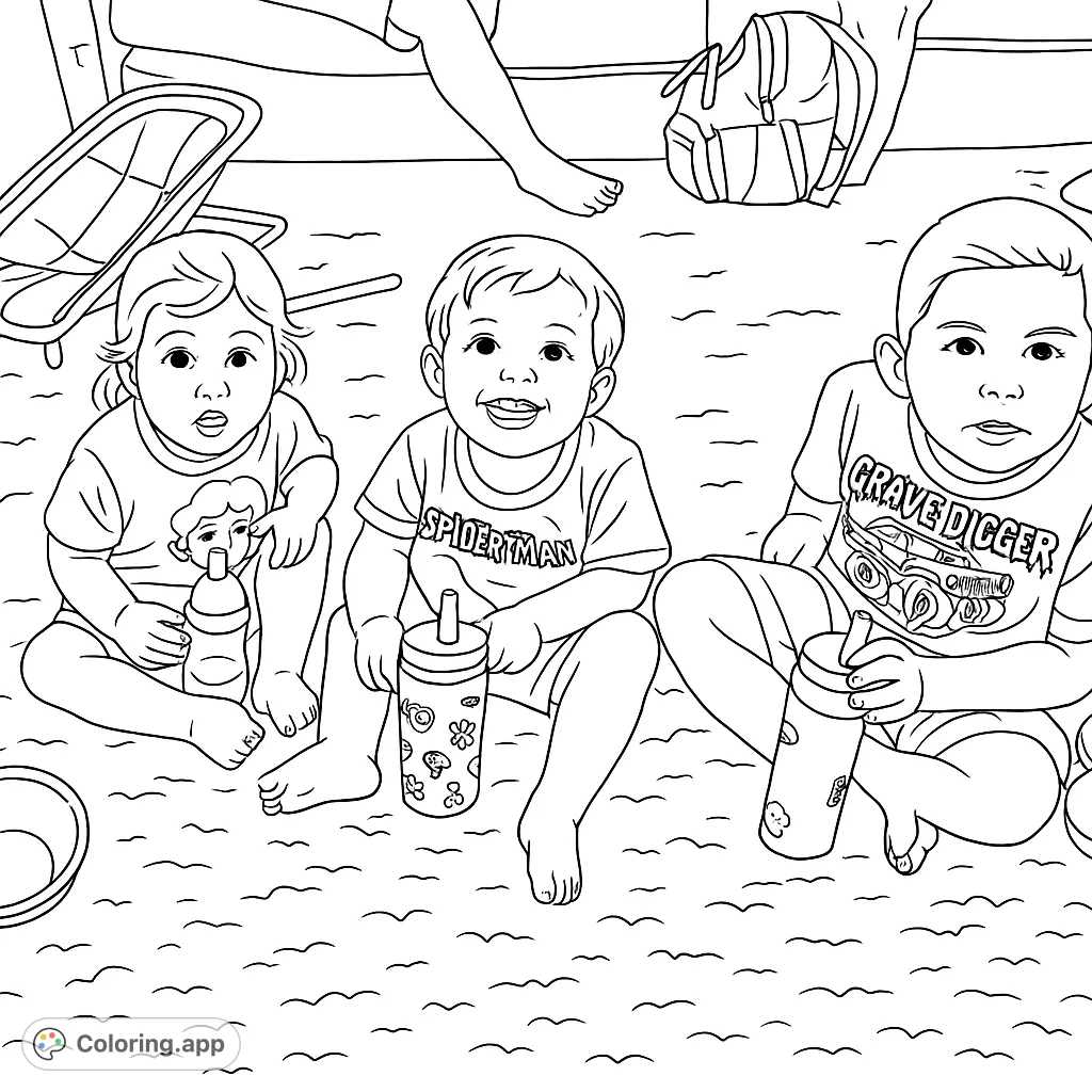 A heartwarming scene of three young children sitting on the floor, surrounded by toys and bottles, ready for a fun coloring adventure.