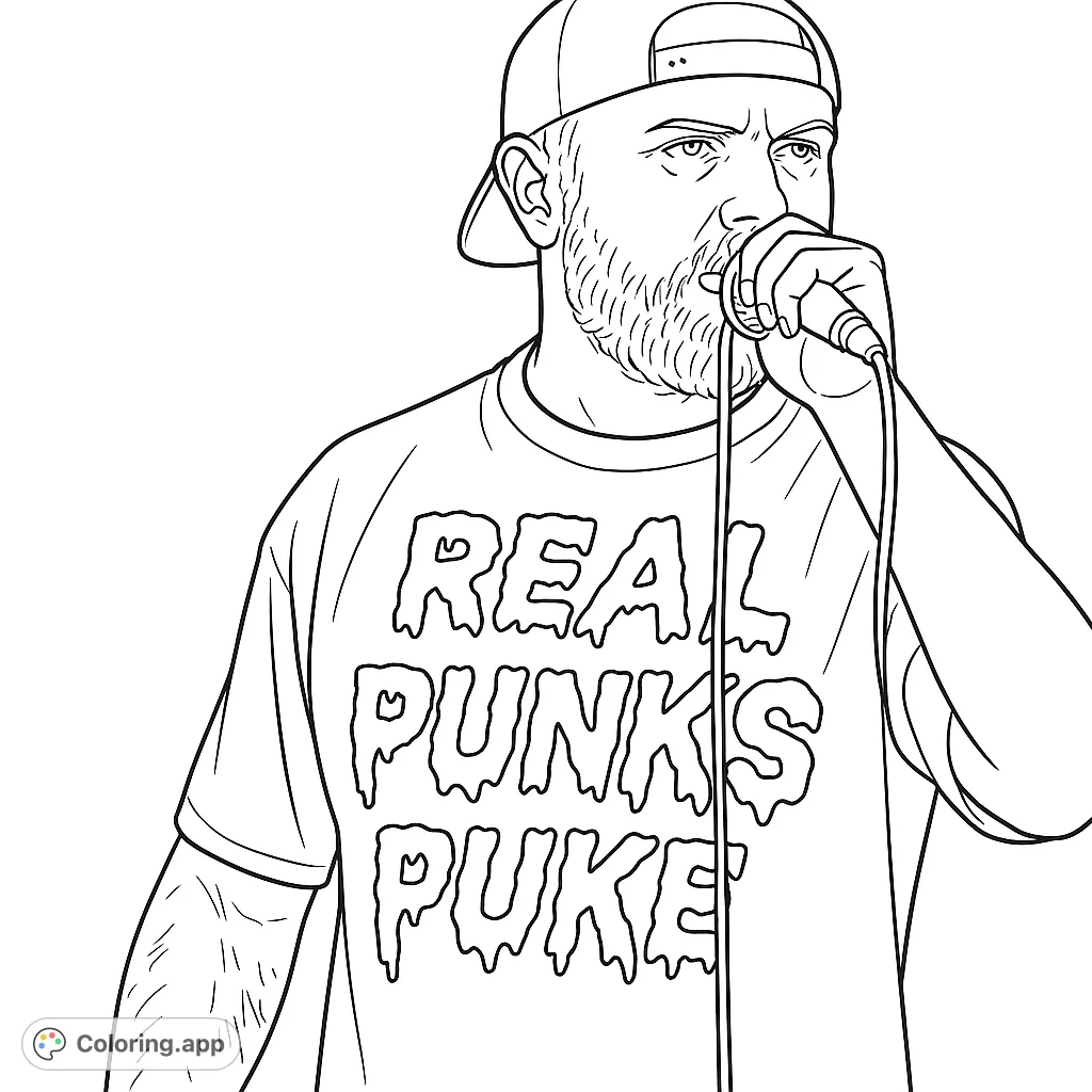 Capture the raw energy of a punk rock performance with this dynamic coloring page featuring a singer on stage. Perfect for music fans!