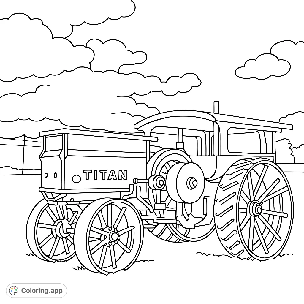 Color a classic Titan tractor in a field under a cloudy sky. Perfect for enthusiasts of vintage farm machinery and detailed vehicle designs.